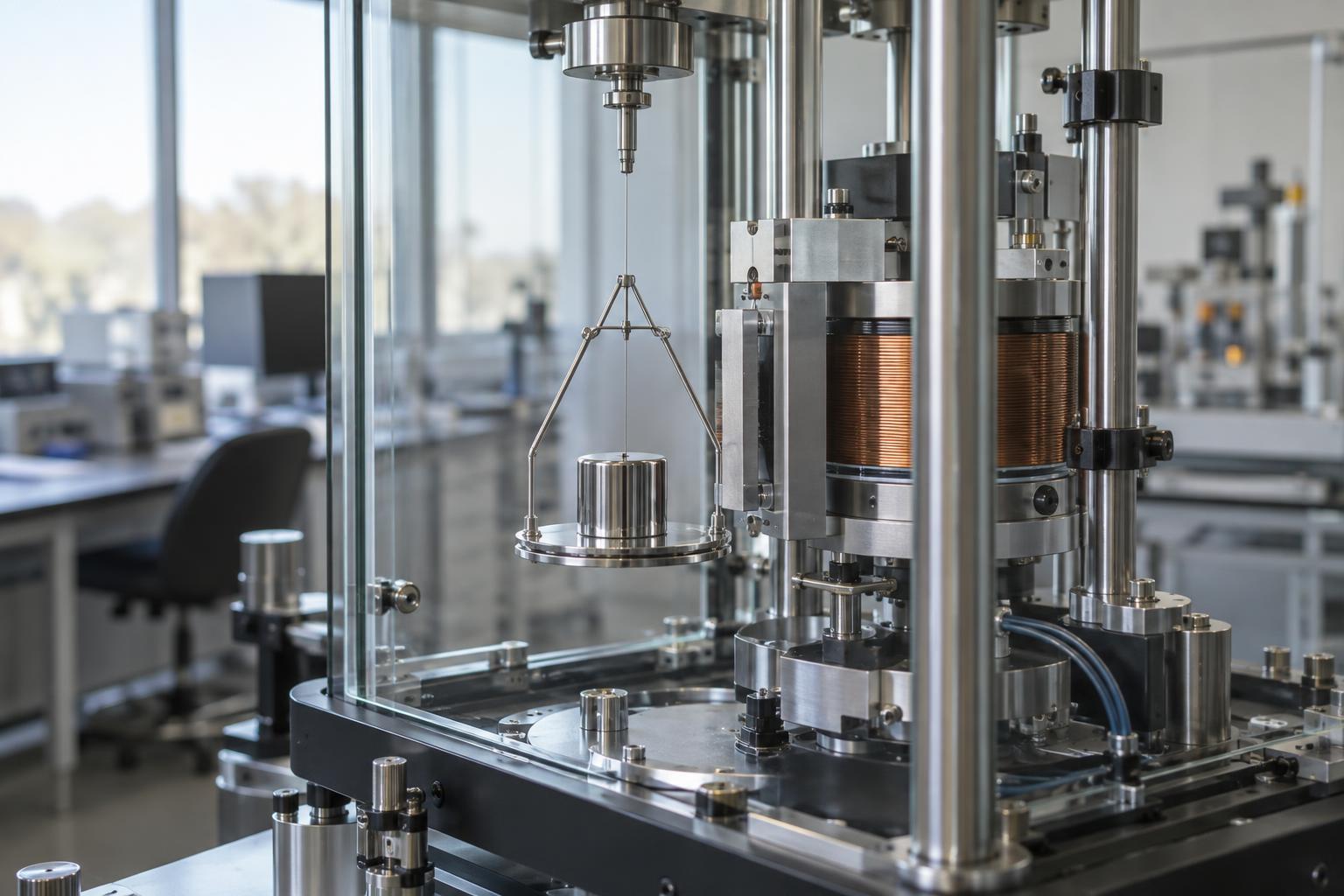 A polished cylindrical mass sits within the precision apparatus of a Kibble balance in a metrology laboratory.