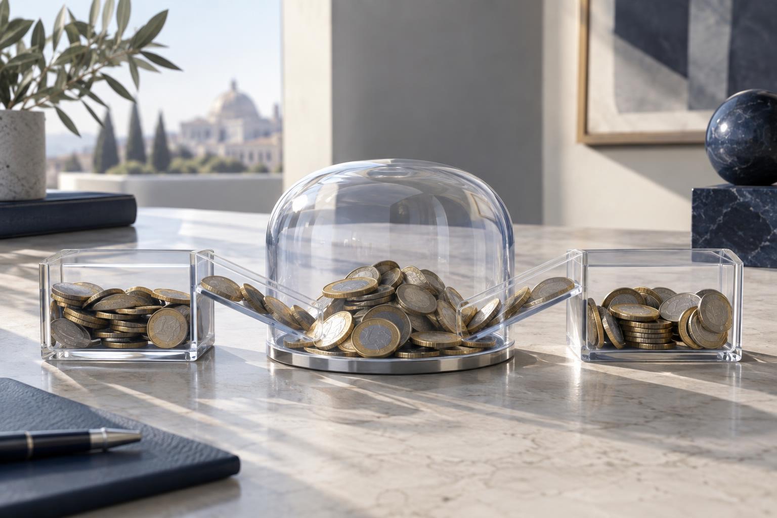 Two compartments of coins sit within a single protective enclosure, illustrating how separate accounts can share one deposit protection limit.