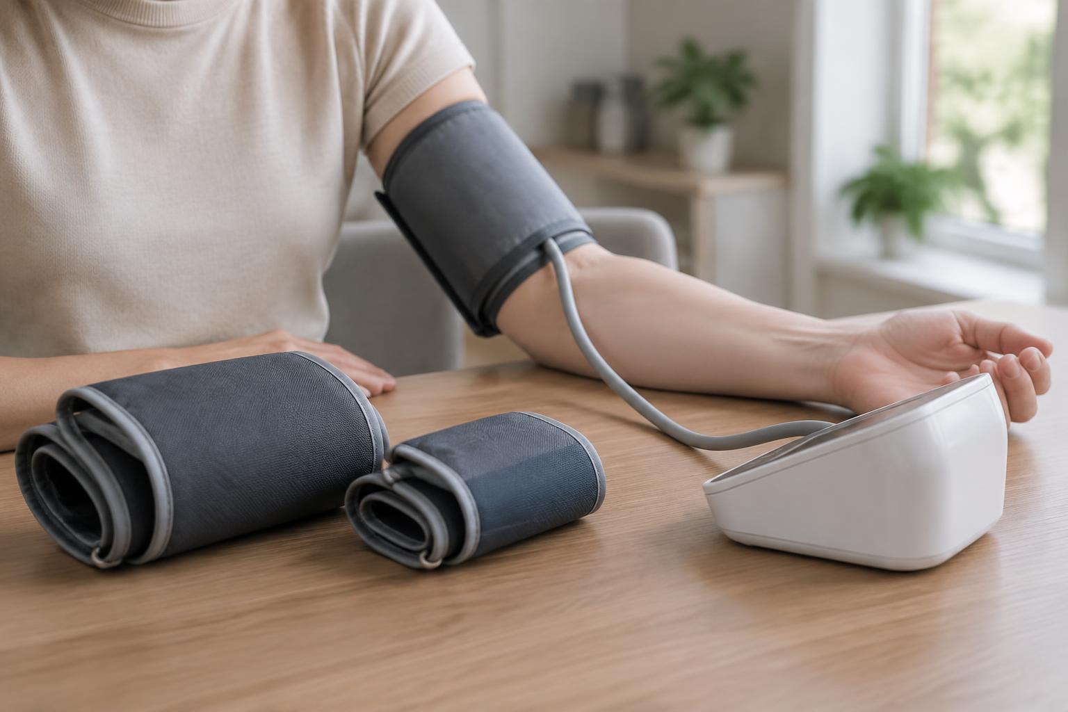 A blood-pressure cuff fitted around an anonymous adult's upper arm, with two alternative cuff sizes beside the monitor.