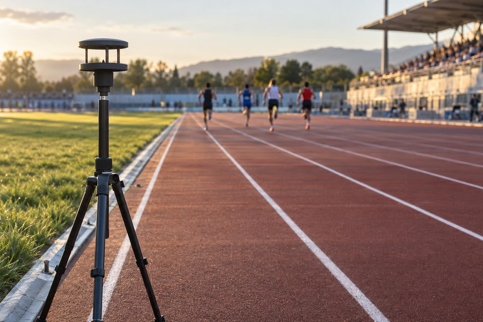 A wind gauge stands beside a sprint track as anonymous runners move towards the distant finish line.