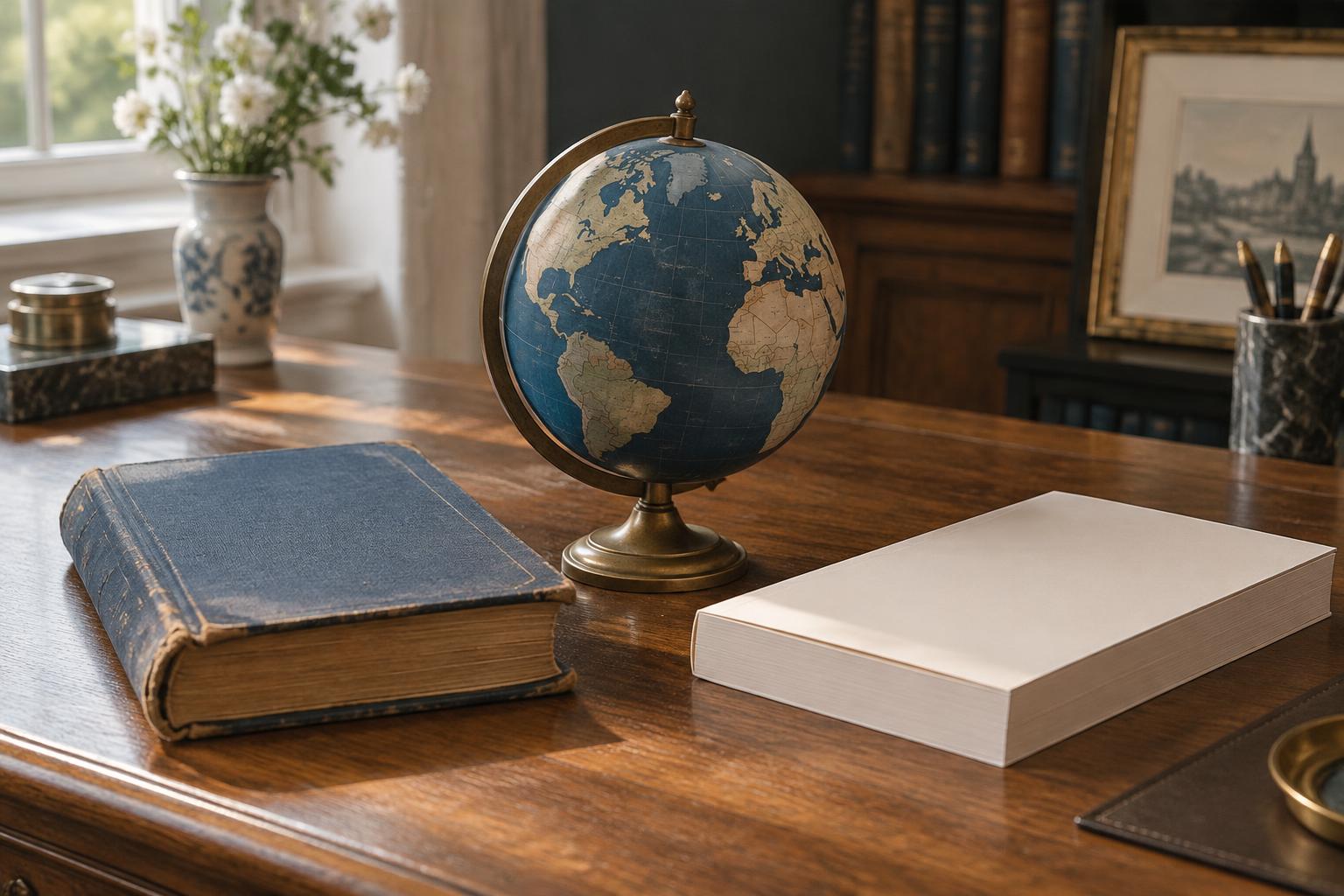 An old clothbound novel and a modern publishing proof sit beside a globe showing the Atlantic between North America and Britain.