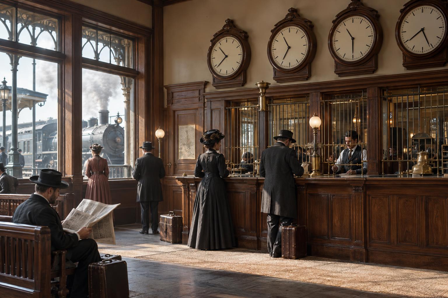 Several clocks showing different times hang inside a period railway station, with a steam locomotive visible through the windows.