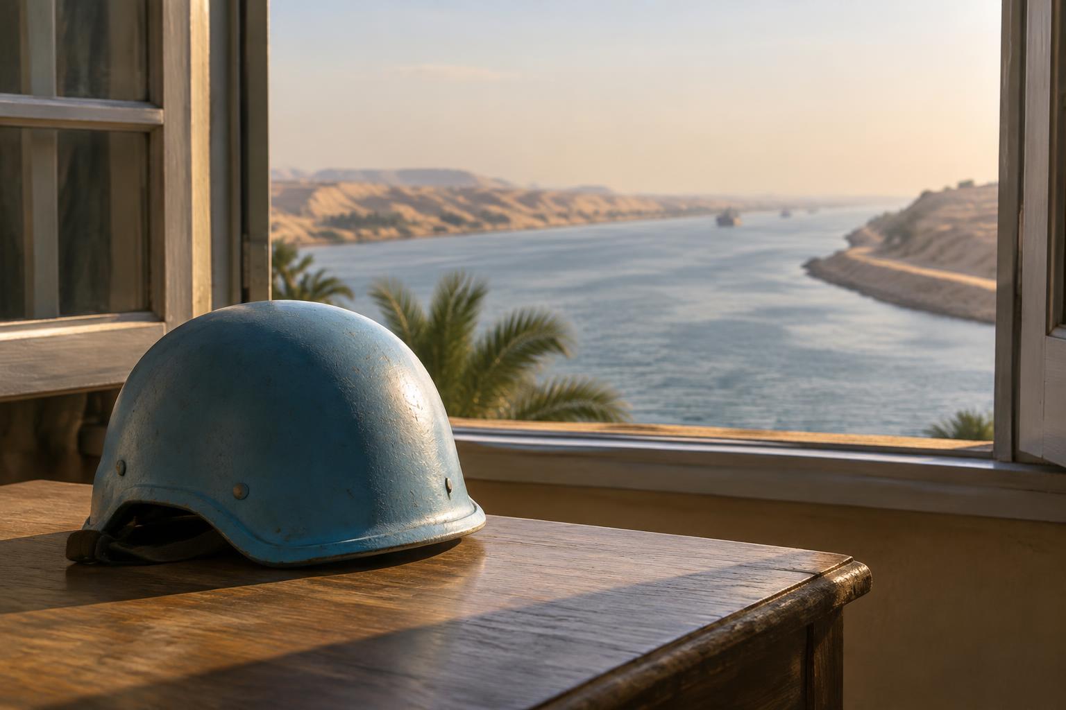 An unmarked pale-blue helmet beside a window overlooking a canal symbolises the emergence of peacekeeping after Suez.