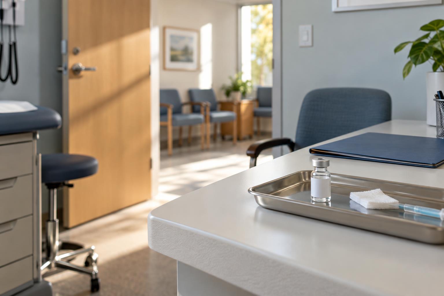 An unbranded medicine vial in a sunlit consultation room, with waiting-room chairs visible through an open doorway.