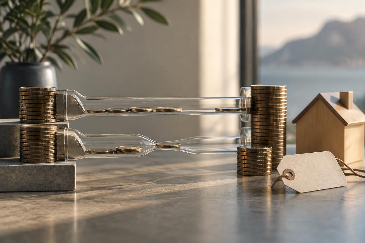 A conceptual tabletop money transfer contrasts a visible fee tag with the amount reaching a small model home.