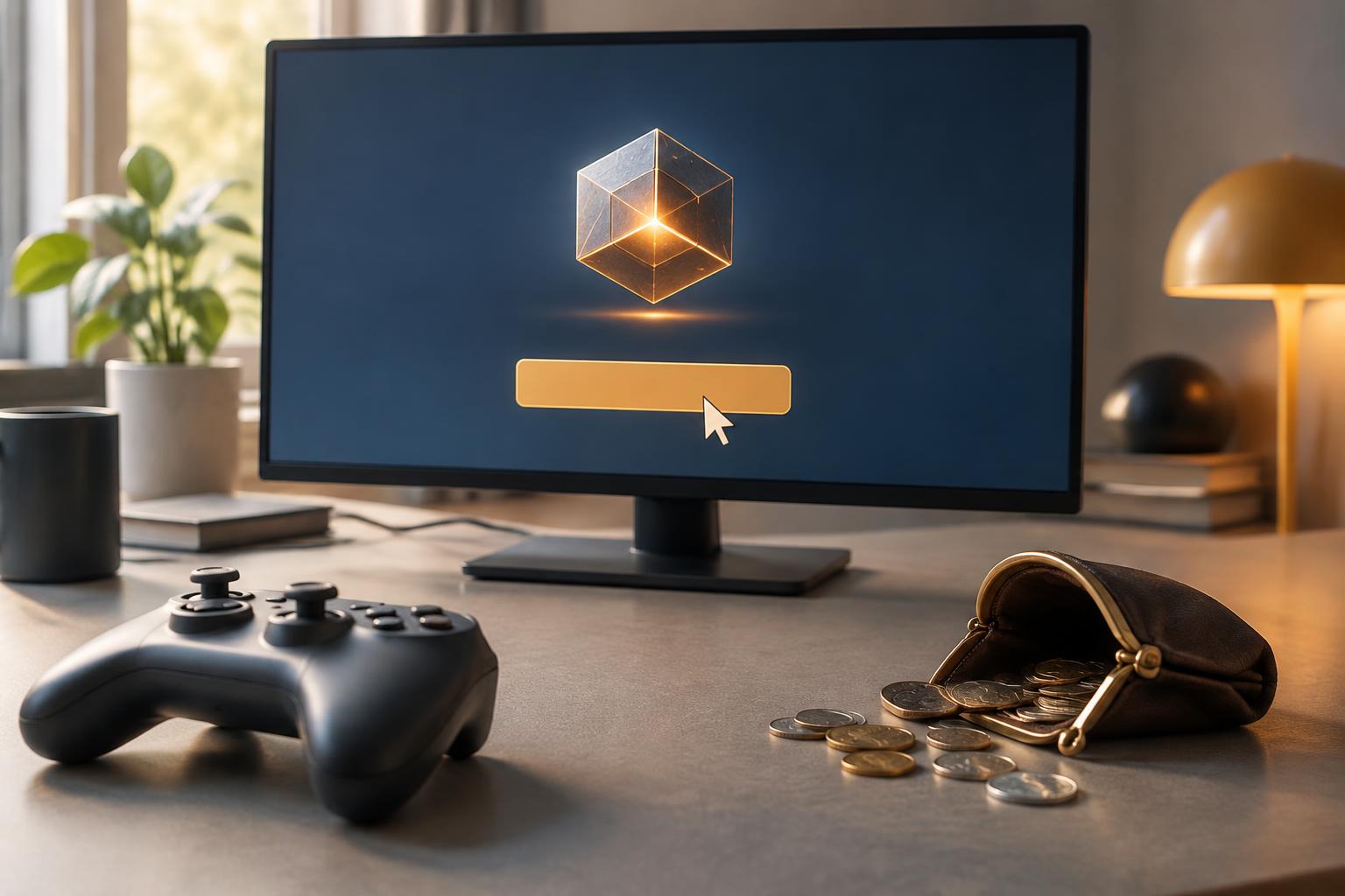 A conceptual scene links a generic game purchase-confirmation screen with a controller and an open coin purse, illustrating the boundary between playing and paying.
