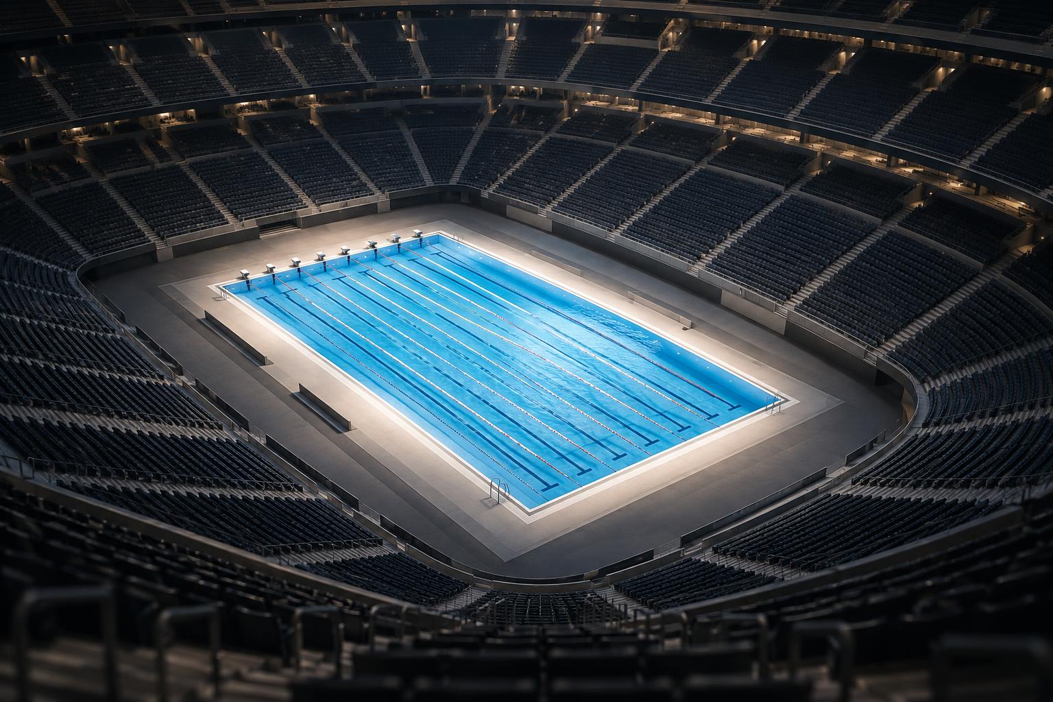 Conceptual illustration of a swimming pool inside a generic football-stadium seating bowl, showing the contrast behind LA28’s venue-reuse plan.