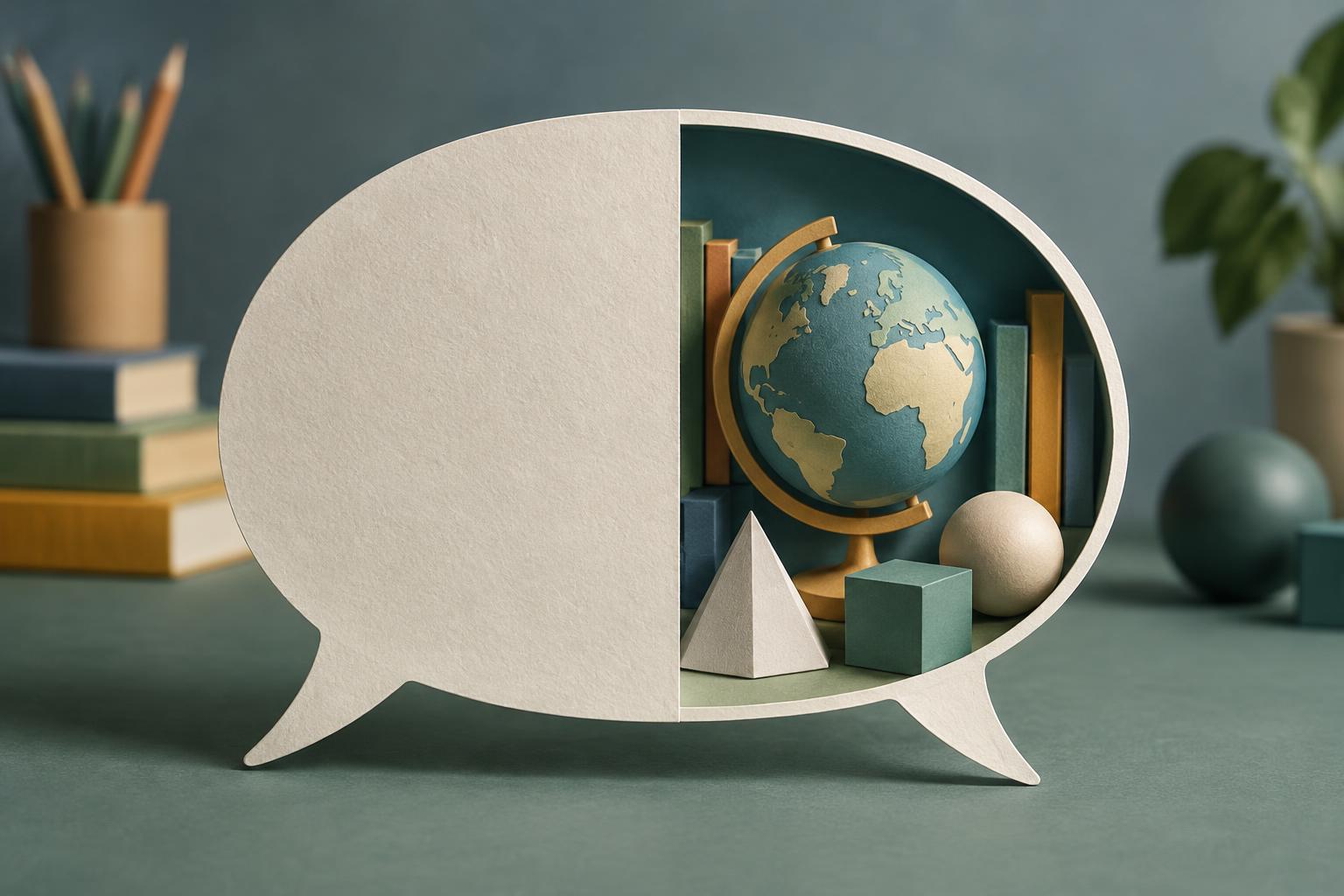 A conceptual speech-shaped paper construction contrasts language as an object of study with language as an opening onto other subjects.