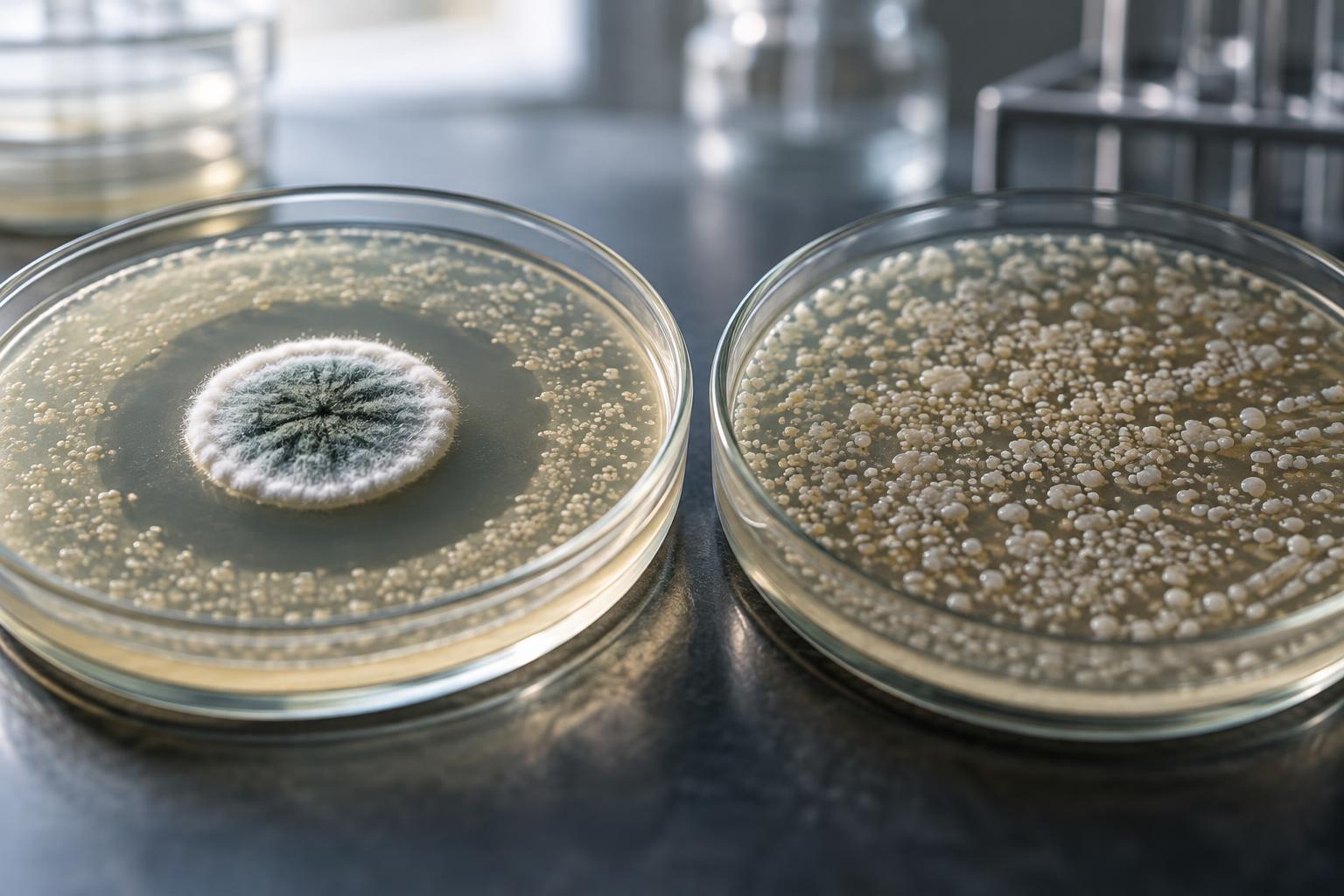 Conceptual paired culture plates contrast bacterial inhibition around mould with persistent growth, illustrating penicillin's promise and the threat of resistance.