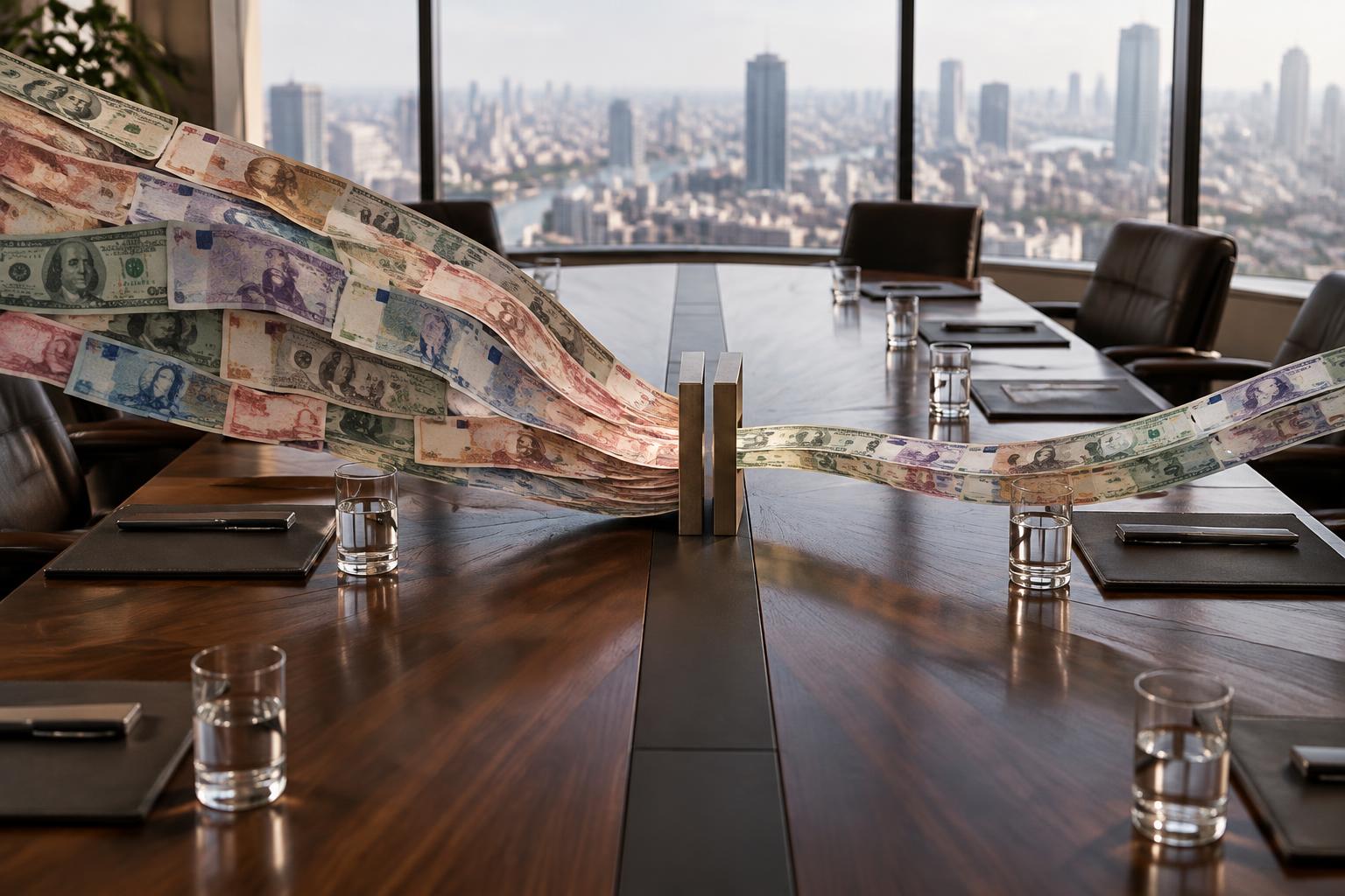 AI-generated image: conceptual illustration of a broad outward flow and a narrower inward flow crossing a conference table, representing debt payments exceeding new financing.