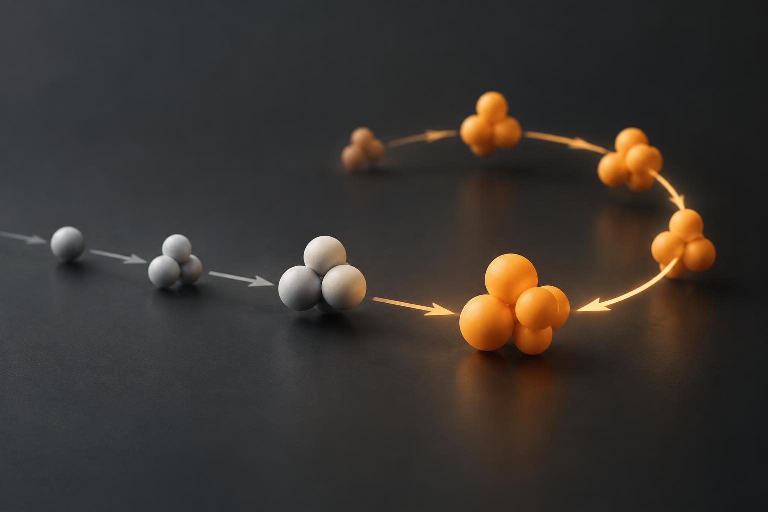 AI-generated image: a conceptual molecular pathway curves back towards its origin, illustrating a reaction product helping the process that produces it.