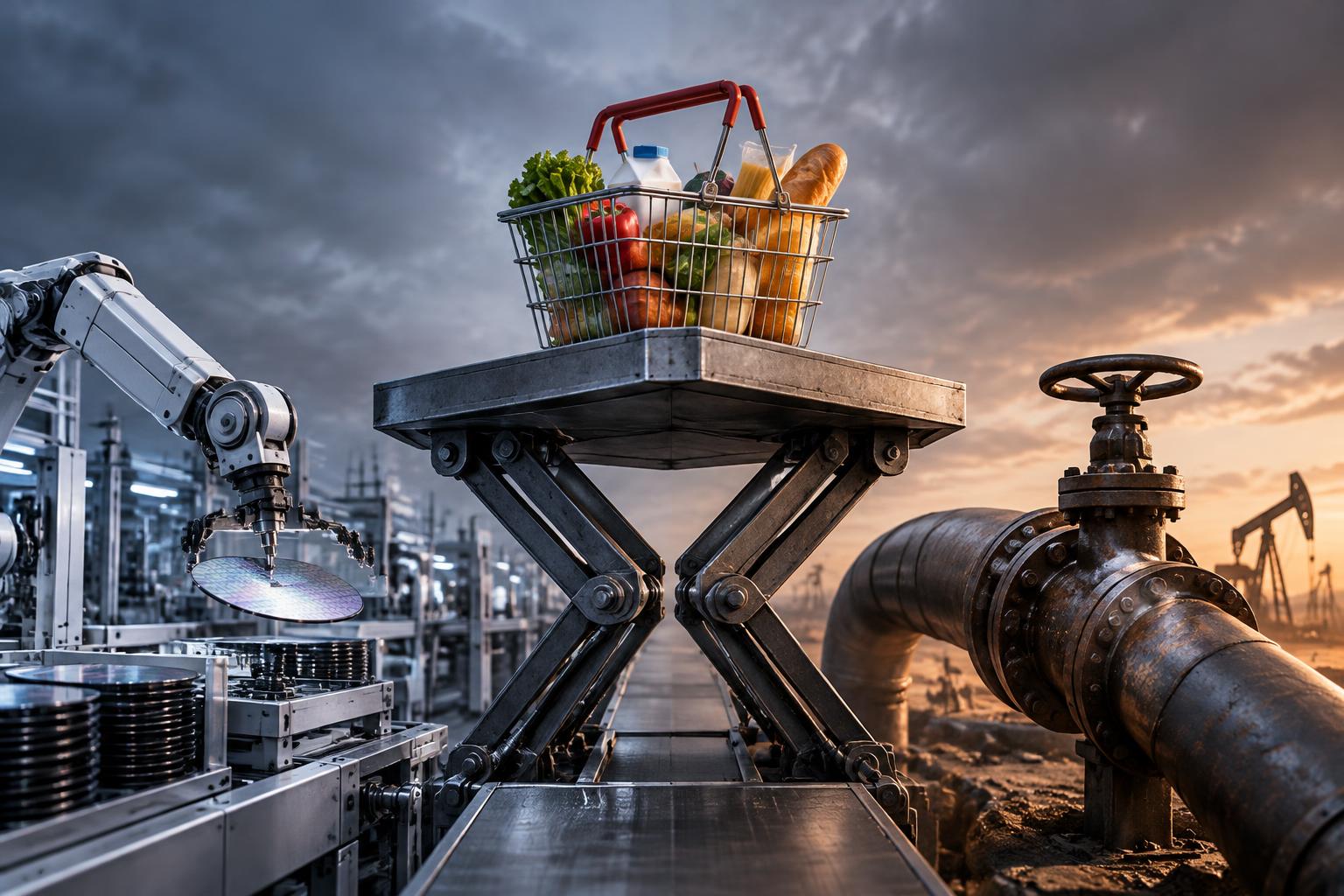 AI-generated image: conceptual illustration of expanding chip-production machinery and a constricted oil pipeline independently lifting a platform carrying a shopping basket.