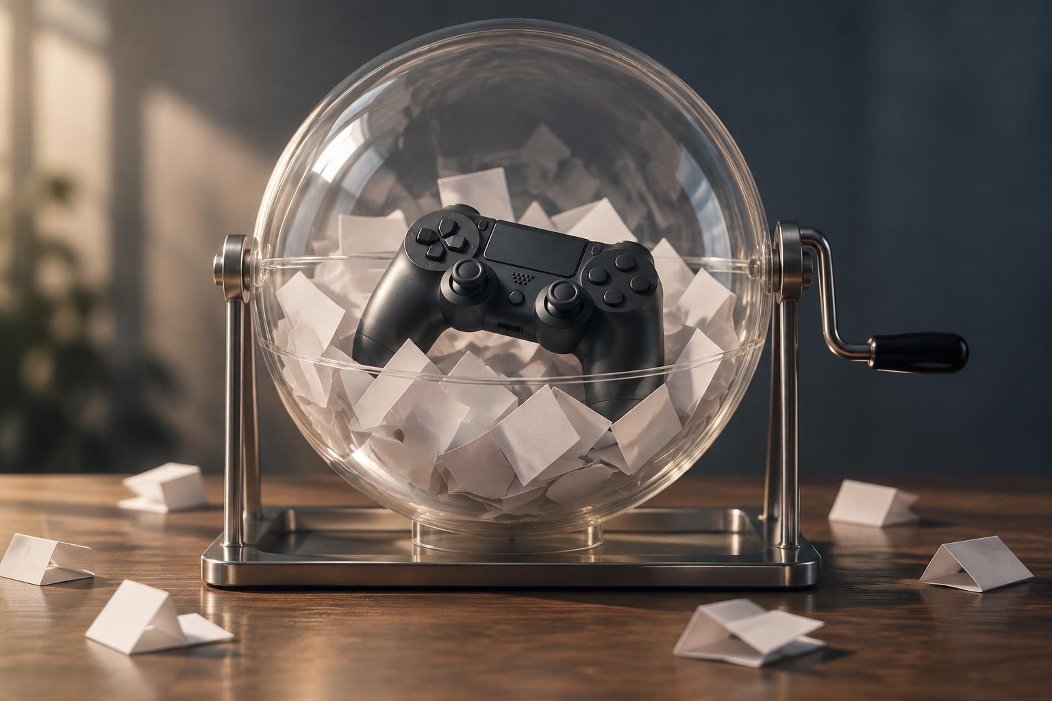 AI-generated image: conceptual illustration of an unbranded game controller inside a transparent lottery drum with blank draw slips, linking console lotteries to gaming research.