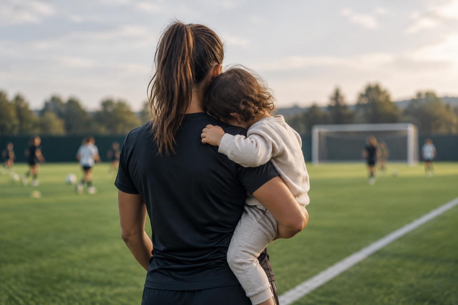 AI-generated image: an anonymous female footballer carries a young child beside a pitch, illustrating the intersection of professional football and parenthood.