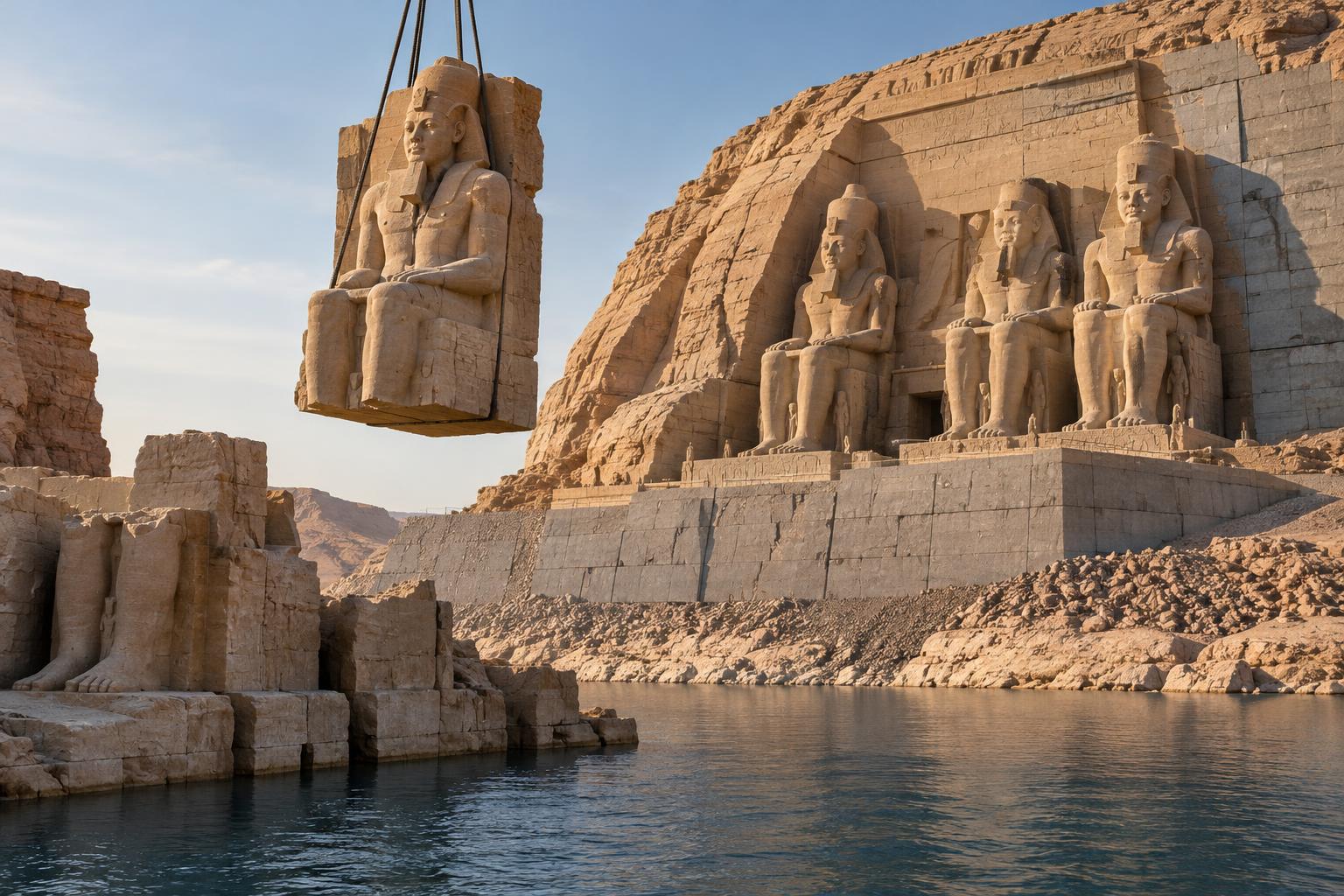 AI-generated image: conceptual illustration of Abu Simbel’s temple stonework separated into blocks beside an artificial cliff above reservoir water.