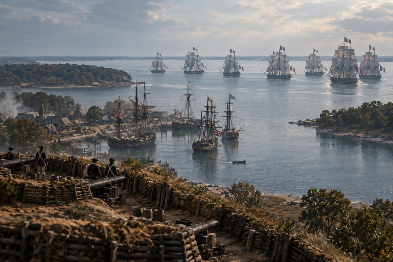 AI-generated image: conceptual illustration of Yorktown's sheltered harbour with French sailing warships controlling the water beyond, turning a refuge into a trap.