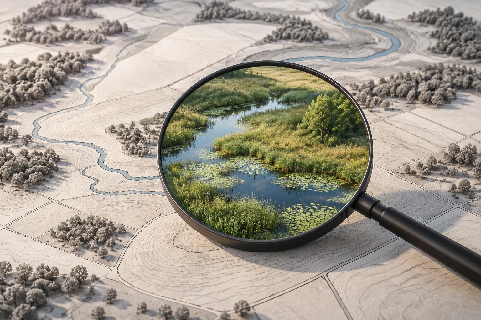 AI-generated image: a conceptual inspection lens reveals a detailed wetland within landscape outlines, contrasting a nature pledge with practical implementation.