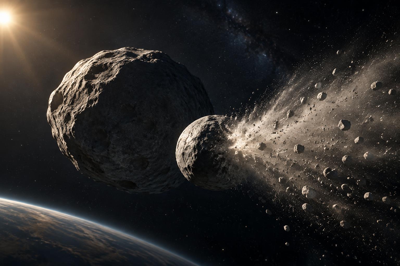 AI-generated image: conceptual illustration of debris streaming from an impacted asteroid moon beside its larger companion, showing the material responsible for additional recoil.