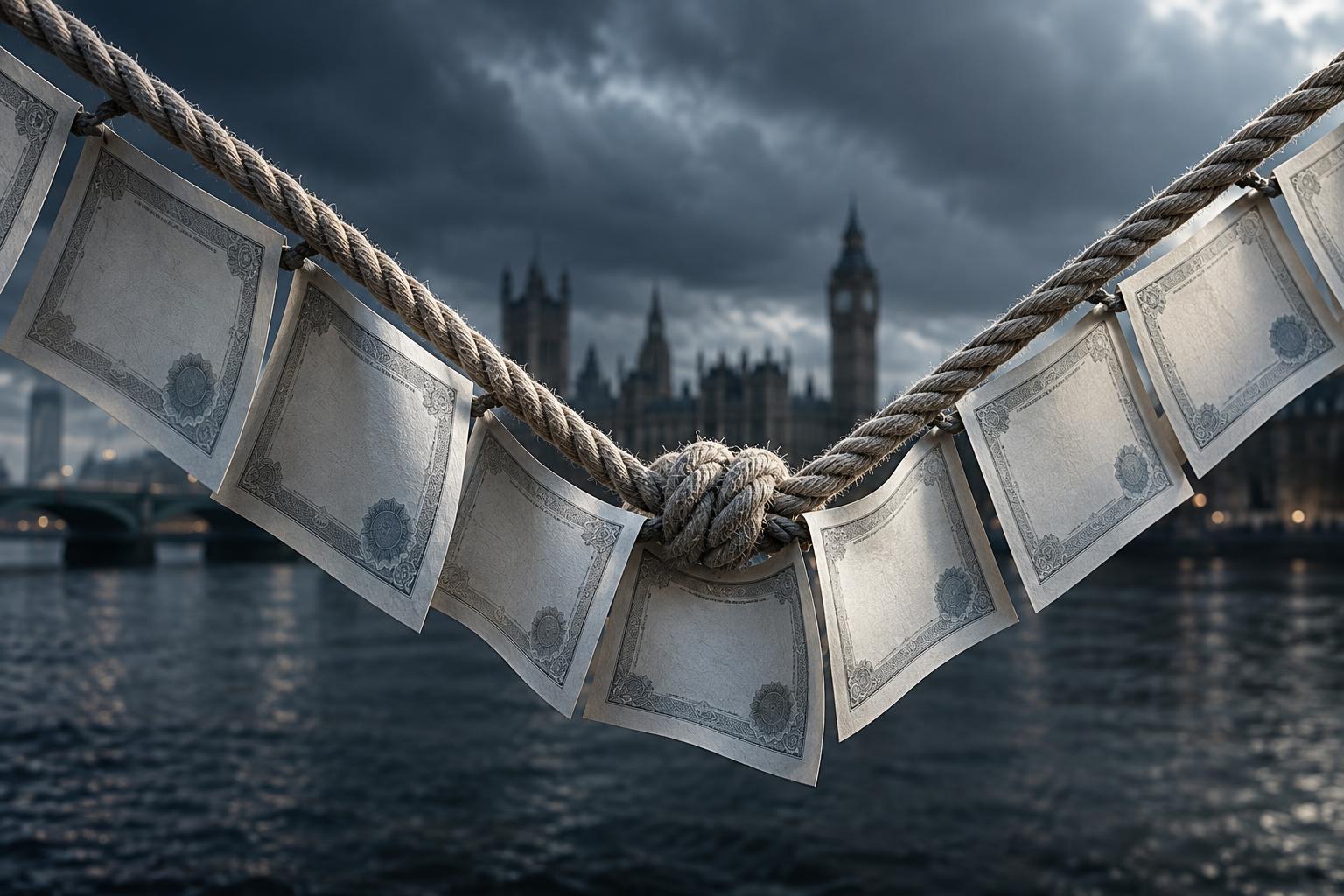 AI-generated image: conceptual illustration of a protective net pulling bond certificates downwards, representing pension safeguards amplifying gilt-market stress.