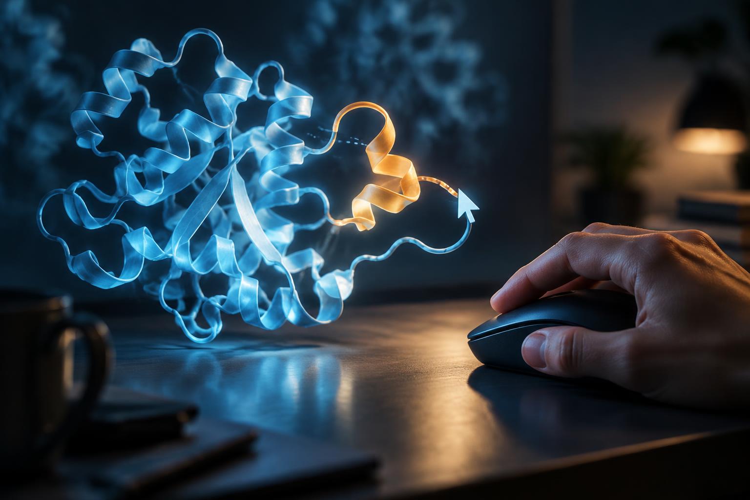 AI-generated image: conceptual illustration of a player using a mouse to reposition part of a protein ribbon, linking gameplay with molecular modelling.