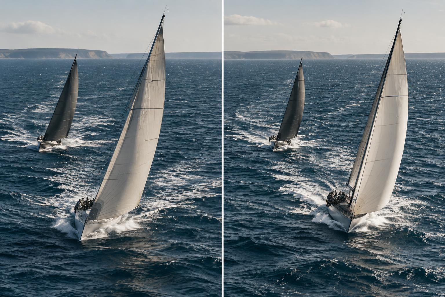 AI-generated image: a conceptual maritime diptych shows a challenger yacht behind its rival and then ahead, illustrating Australia II's recovery.