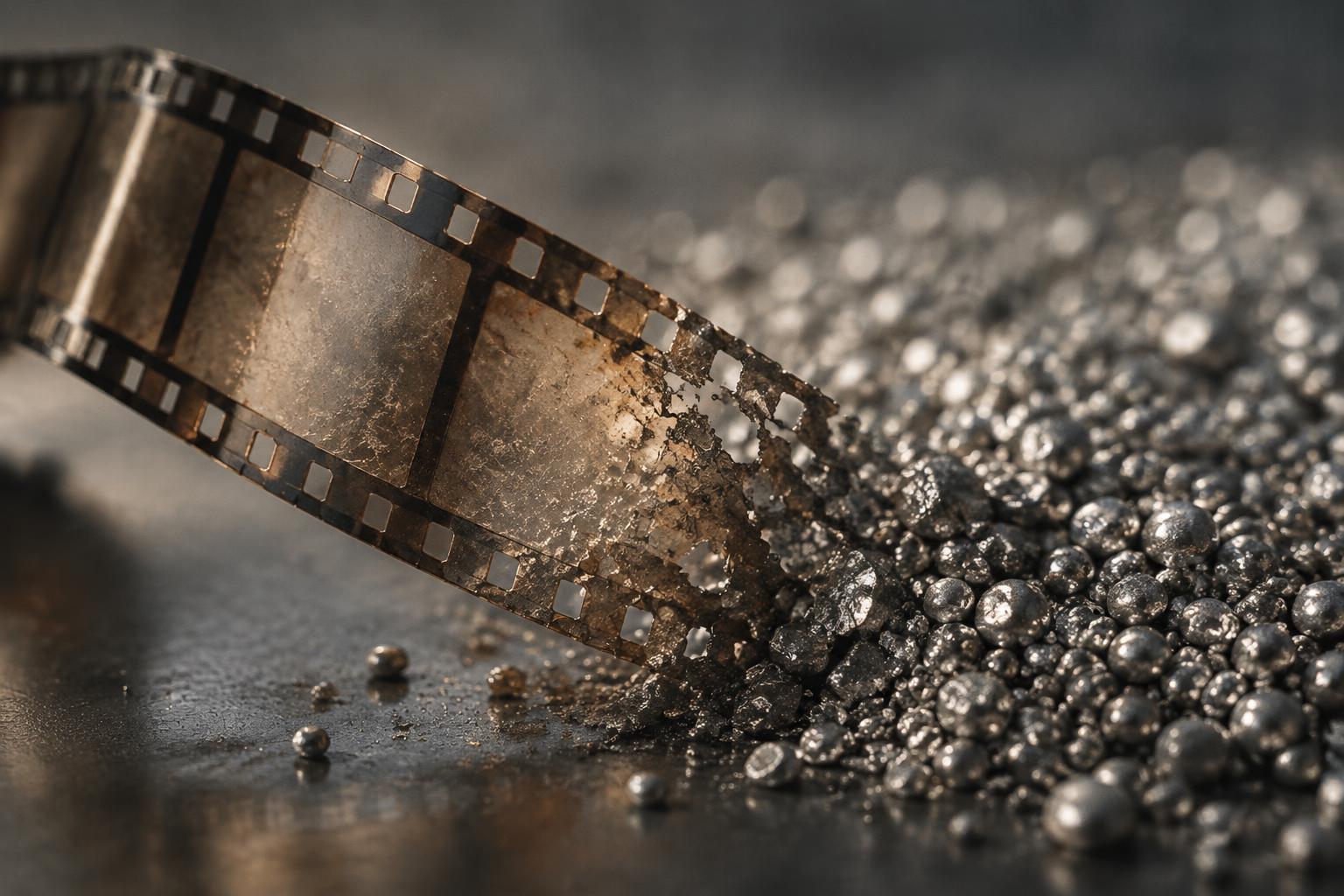 AI-generated image: a conceptual film strip dissolves into silver granules, illustrating the destruction of silent films to recover their metal.