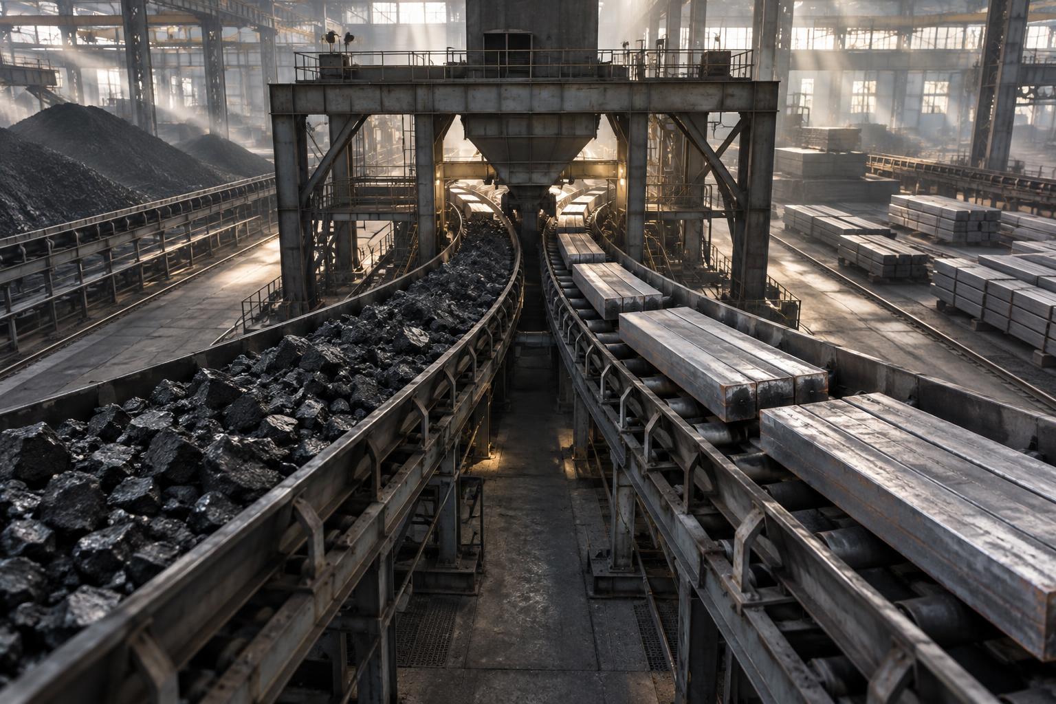 AI-generated image: conceptual illustration of separate streams of coal and steel converging beneath a shared industrial gantry, representing common authority over strategic industries.