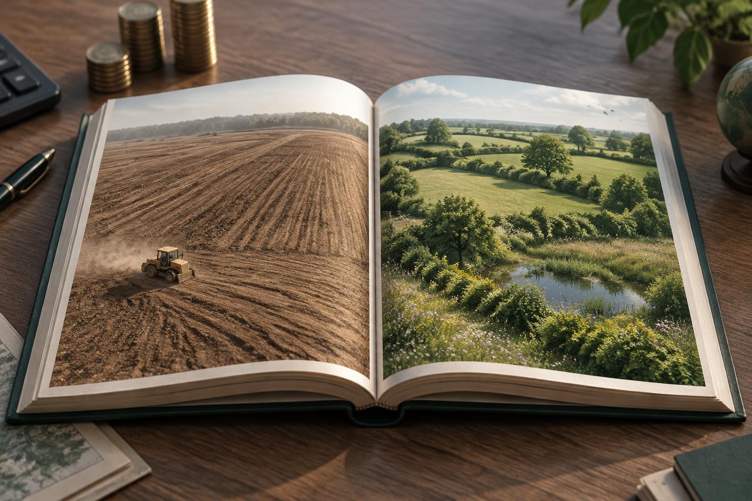 AI-generated image: a conceptual budget ledger opens into contrasting agricultural landscapes, linking spending choices with damage to or protection of natural habitats.