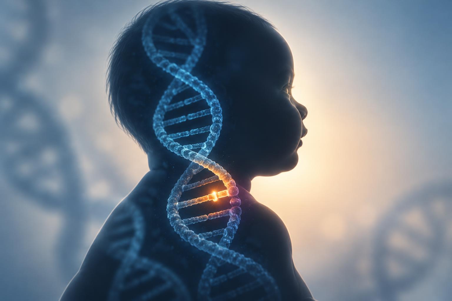 AI-generated image: conceptual illustration of a highlighted DNA site within an anonymous infant silhouette, representing gene editing tailored to a baby's mutation.