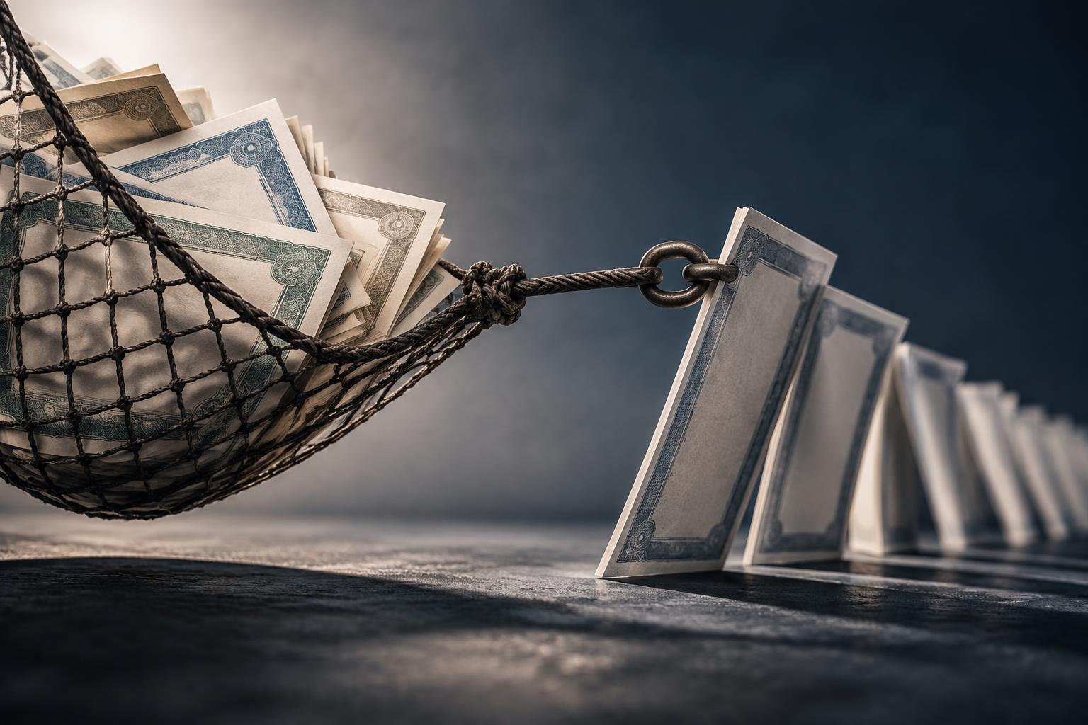 AI-generated image: conceptual illustration of a safety net holding bond-like papers while its taut cable pulls neighbouring sheets into a falling chain.