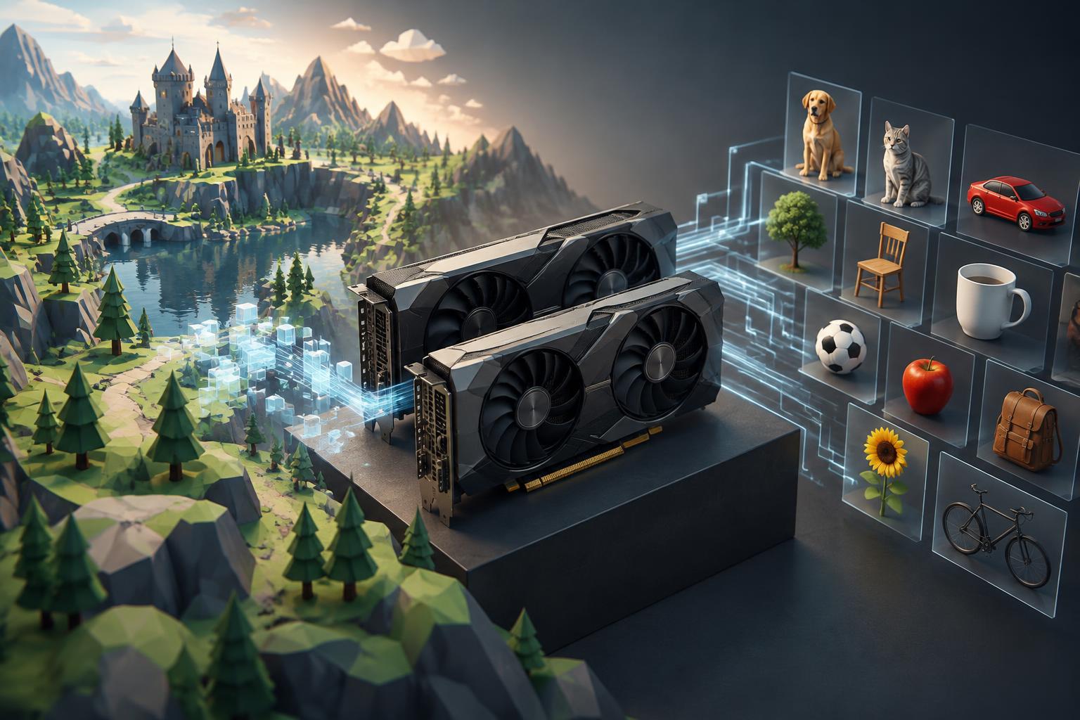 AI-generated image: conceptual illustration of a pair of unbranded graphics cards connecting a polygonal game landscape with everyday objects grouped for image recognition.